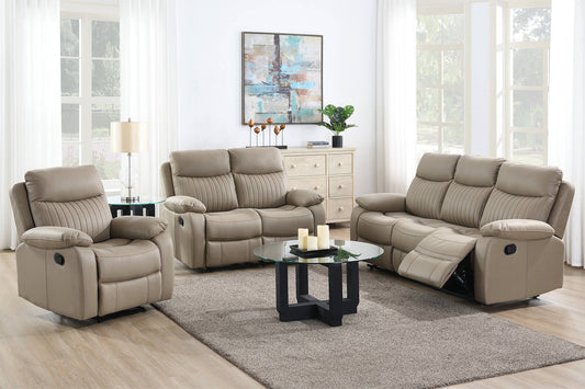 Beige reclining sofa set in a living room with a coffee table and decor.
